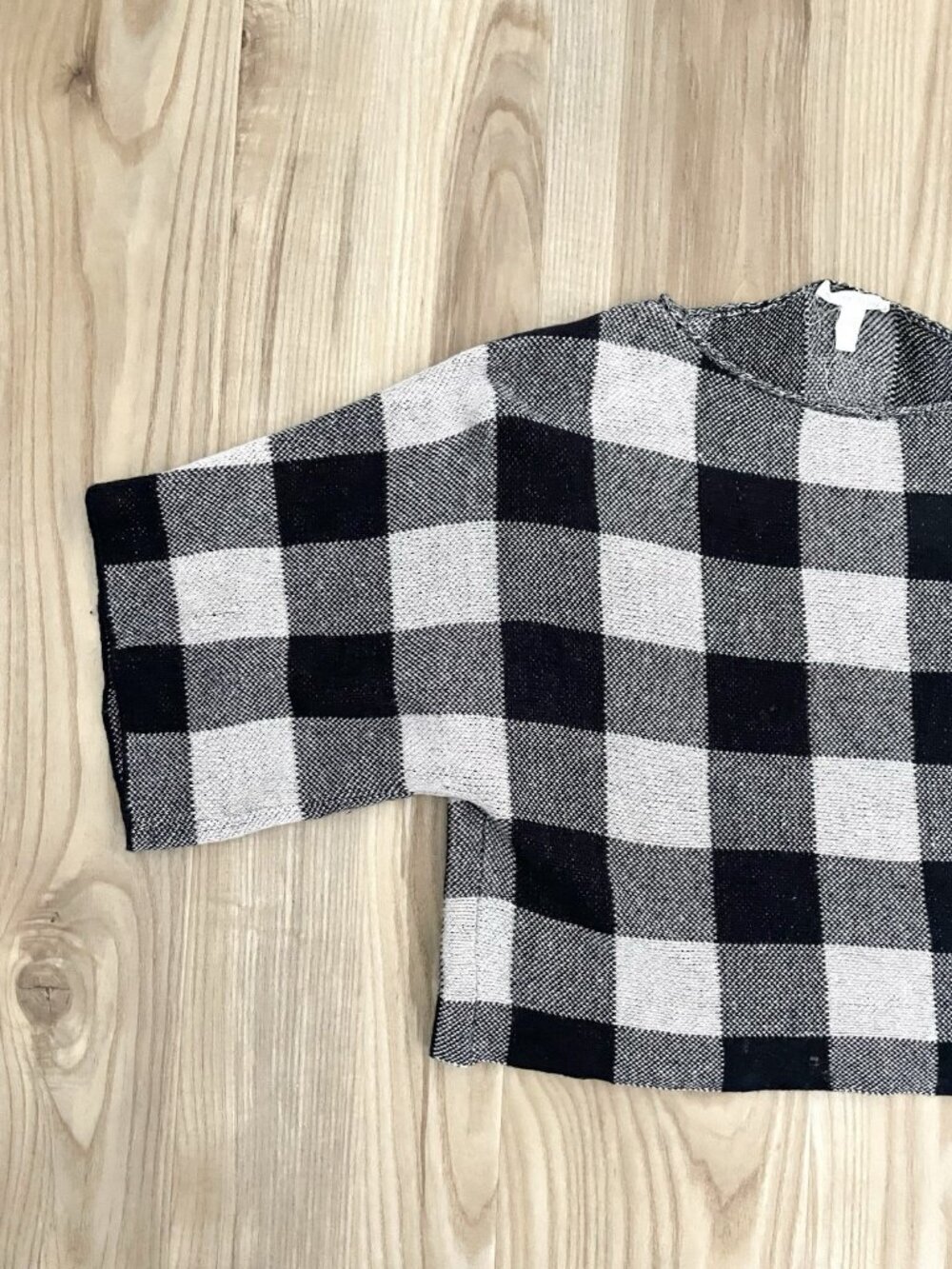 EILEEN FISHER 100% Organic Linen Gingham Plaid Cropped Knit Top Shirt size XXS - Picture 2 of 7